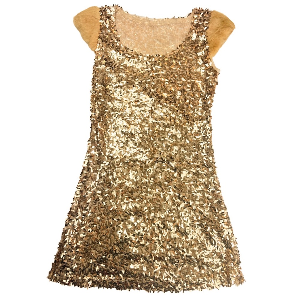 Gold Embroidered Dress with Faux Fur Sleeves